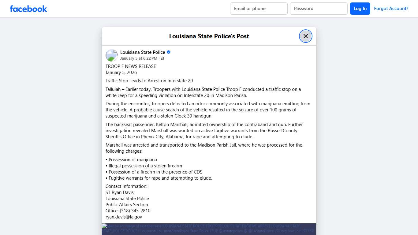 TROOP F NEWS RELEASE January 5,... - Louisiana State Police | Facebook